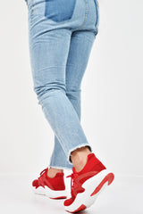 Red Lace Up Glitter Mesh Trainers - Tasmina-Trainers