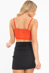 Red Lace Up Mesh Detail Plunge Crop Top - Mimi-Crop Tops