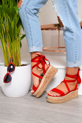Red Lace Up Platform Wedges - Camara-Wedges