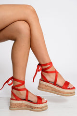 Red Lace Up Platform Wedges - Camara-Wedges