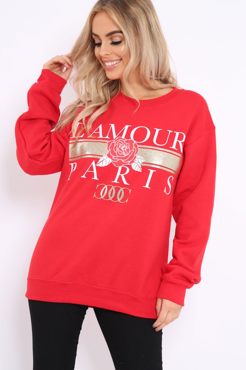 Red L'amour Paris Slogan Sweatshirt - Lucy-Sweatshirts