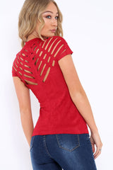 Red Laser Cut Suedette Top - Abbie-Tops