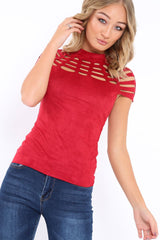 Red Laser Cut Suedette Top - Abbie-Tops