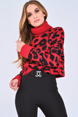 Red Leopard Crop Roll Neck Jumper - Halley-Jumper
