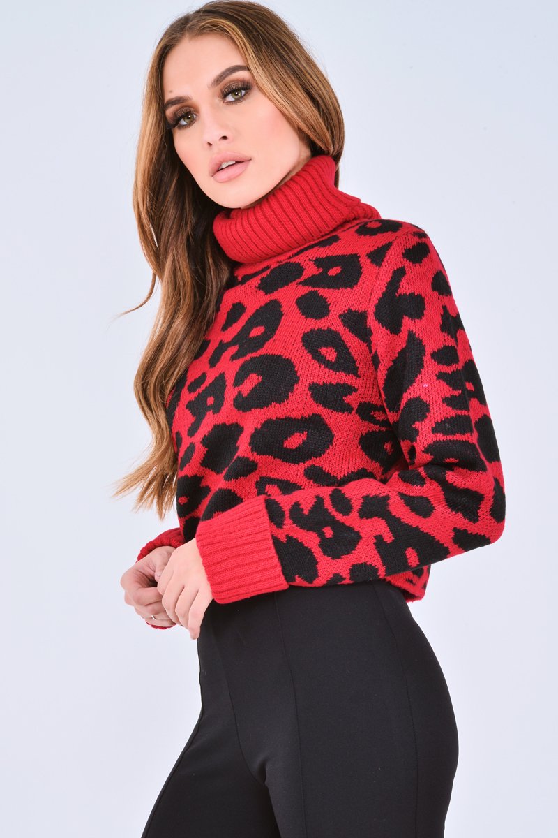 Red Leopard Crop Roll Neck Jumper - Halley-Jumper