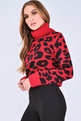 Red Leopard Crop Roll Neck Jumper - Halley-Jumper