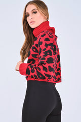 Red Leopard Crop Roll Neck Jumper - Halley-Jumper