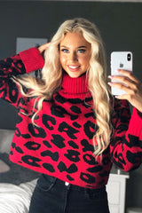Red Leopard Crop Roll Neck Jumper - Halley-Jumper