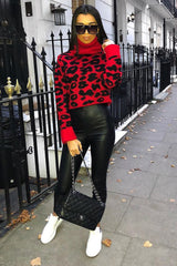 Red Leopard Crop Roll Neck Jumper - Halley-Jumper