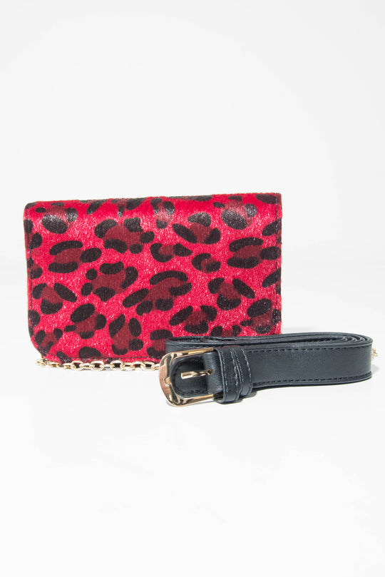 Red Leopard Faux Pony Hair Belt Bag - Melva
