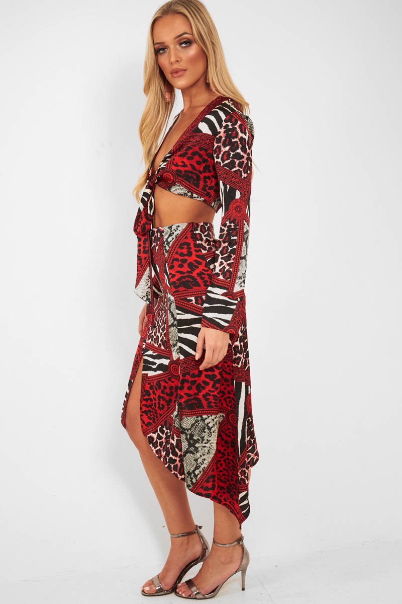 Red Leopard Mix Print Split Front Midi Skirt - Valera-Skirts