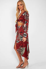 Red Leopard Mix Print Split Front Midi Skirt - Valera-Skirts