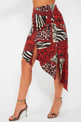 Red Leopard Mix Print Split Front Midi Skirt - Valera-Skirts