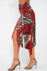 Red Leopard Mix Print Split Front Midi Skirt - Valera-Skirts