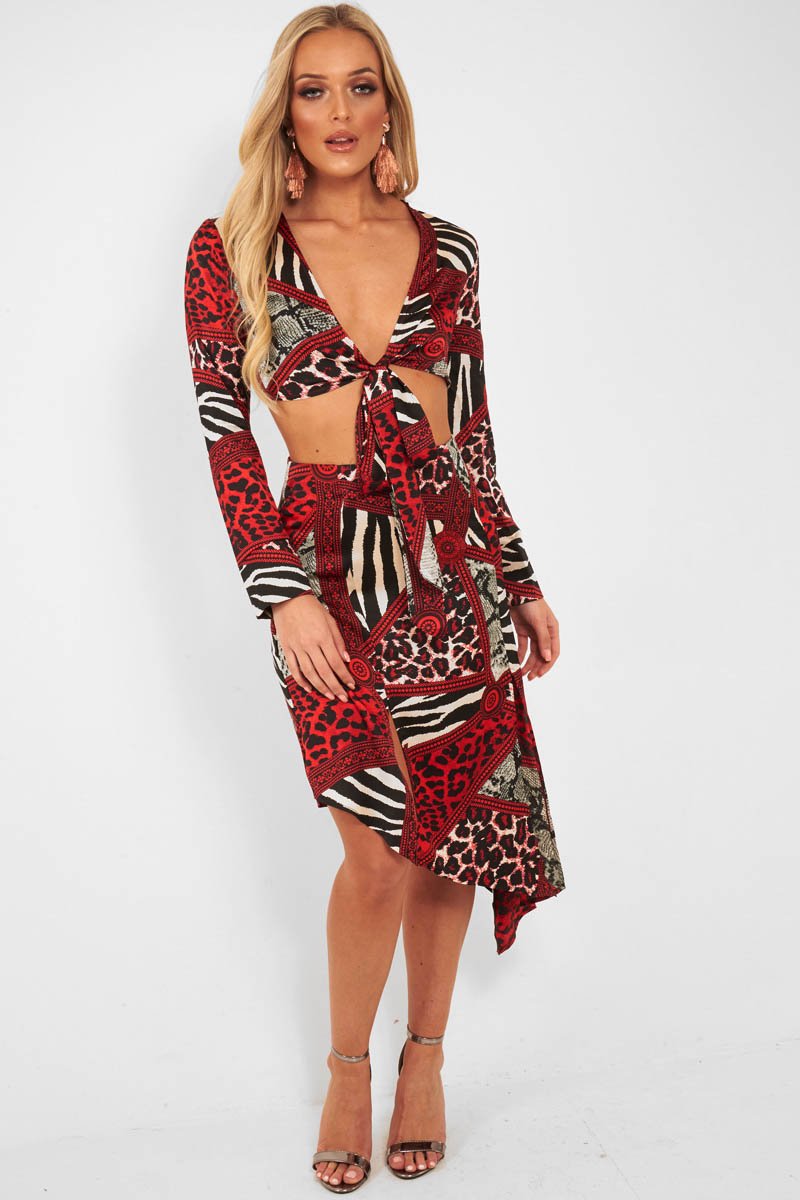 Red Leopard Mix Print Split Front Midi Skirt - Valera-Skirts