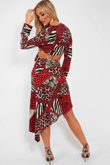 Red Leopard Mix Print Split Front Midi Skirt - Valera-Skirts