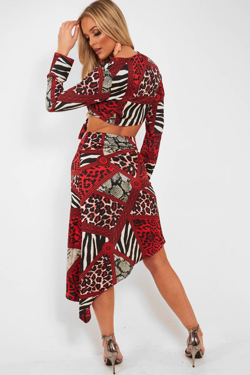 Red Leopard Plunge Tie Front Blouse - Sedonia-Blouse