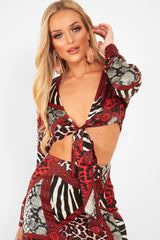 Red Leopard Plunge Tie Front Blouse - Sedonia-Blouse