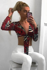 Red Leopard Plunge Tie Front Blouse - Sedonia-Blouse