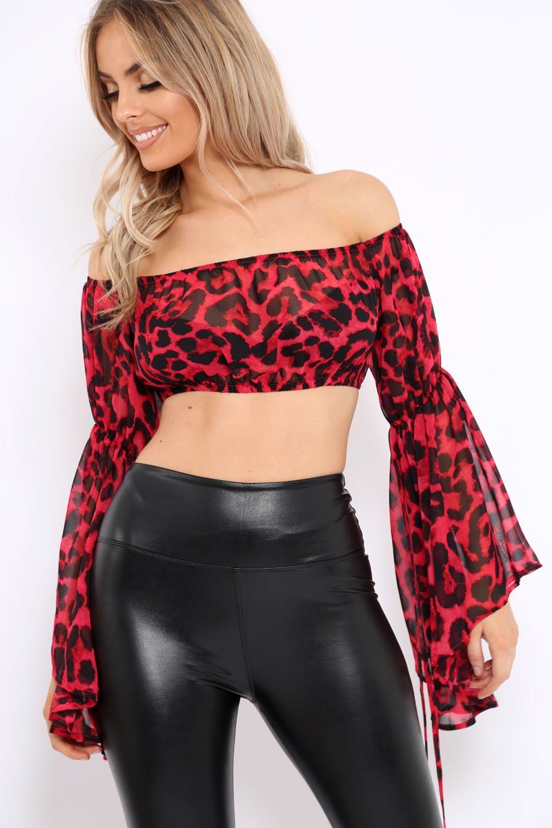 Red Leopard Print Flared Sleeves Sheer Crop Top - Jordan-Crop Tops