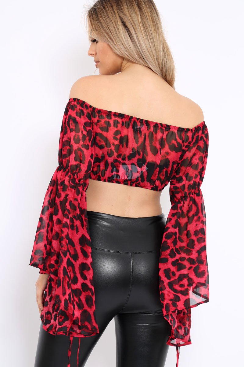 Red Leopard Print Flared Sleeves Sheer Crop Top - Jordan-Crop Tops