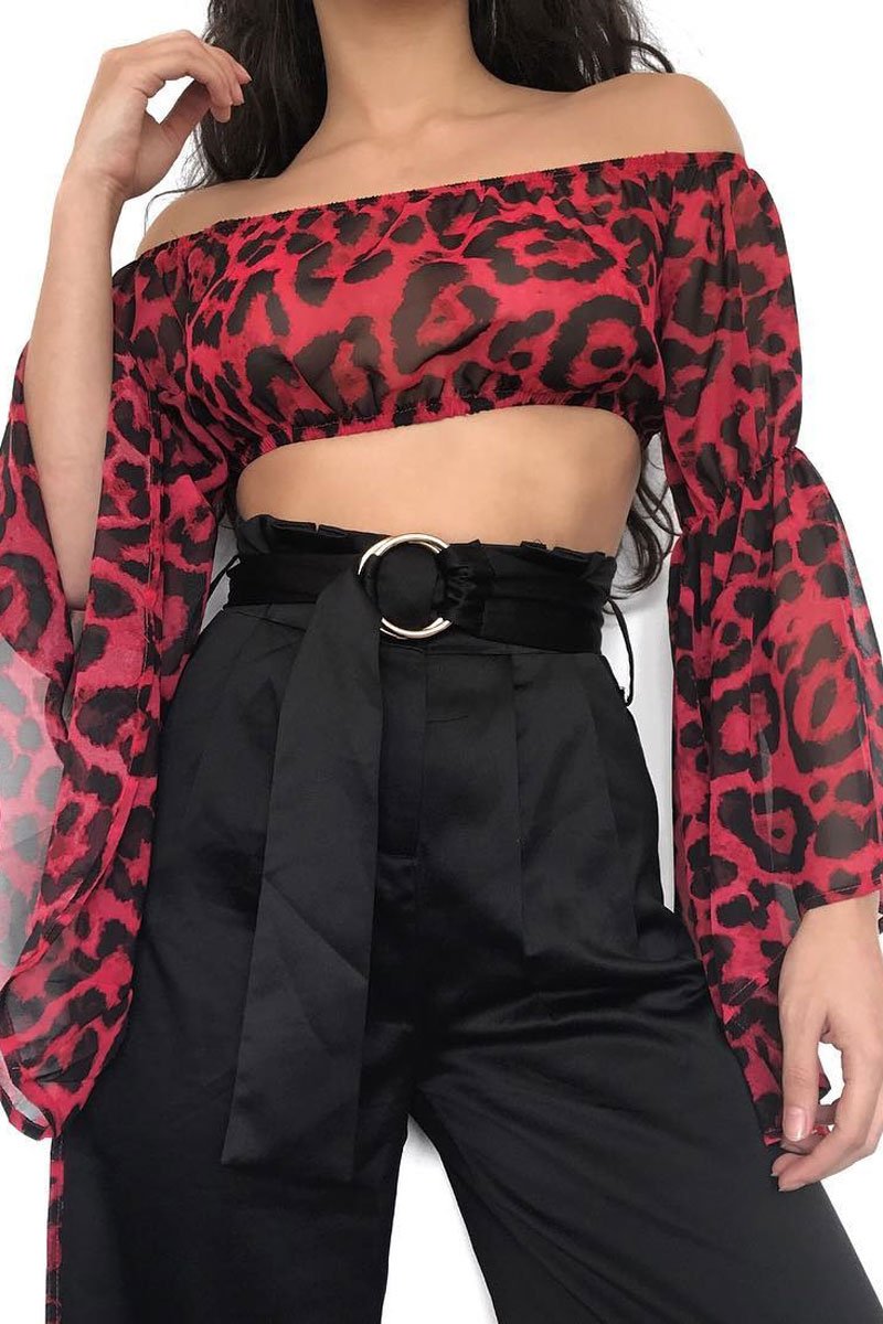 Red Leopard Print Flared Sleeves Sheer Crop Top - Jordan-Crop Tops