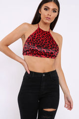 Red Leopard Print Halterneck Crop Top - Emrie-Crop Tops