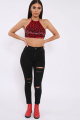 Red Leopard Print Halterneck Crop Top - Emrie-Crop Tops