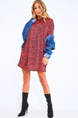 Red Leopard Print Oversized Shift Dress - Dayle-Dresses