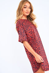 Red Leopard Print Oversized Shift Dress - Dayle-Dresses