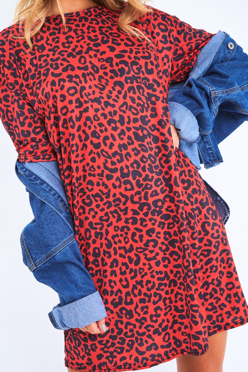Red Leopard Print Oversized Shift Dress - Dayle-Dresses