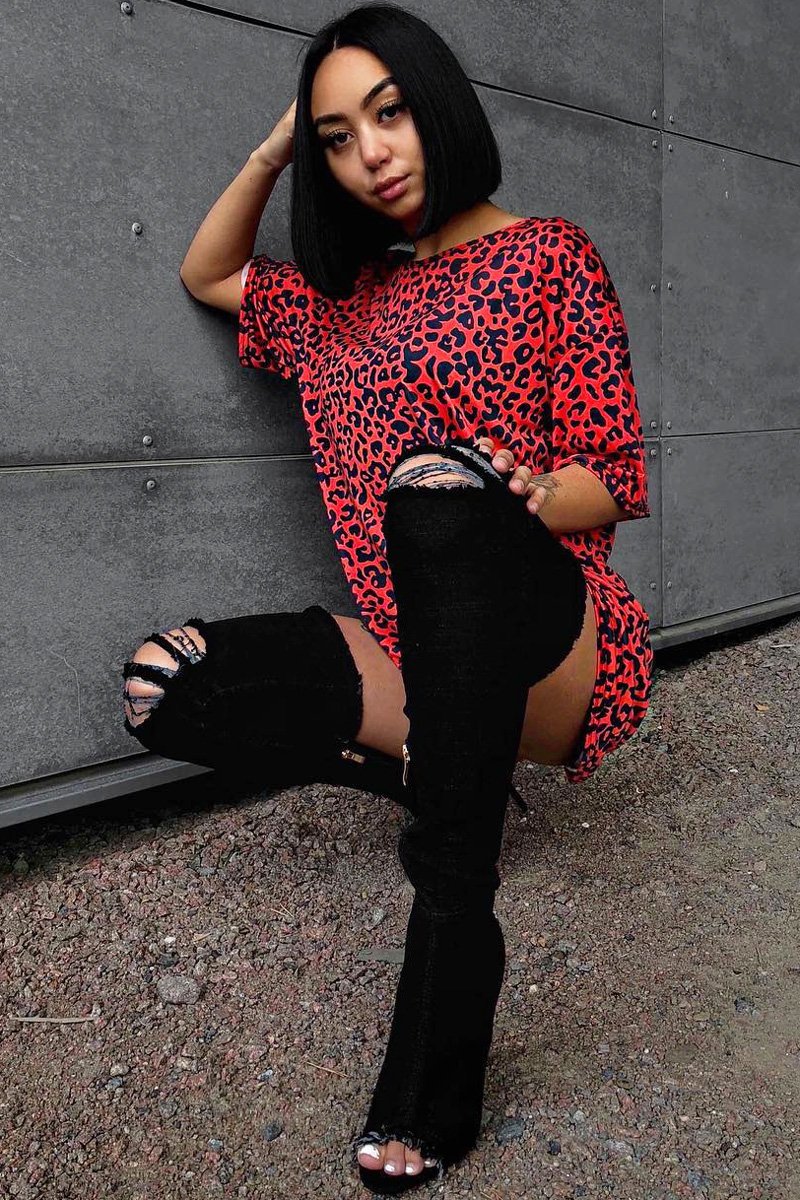 Red Leopard Print Oversized Shift Dress - Dayle-Dresses