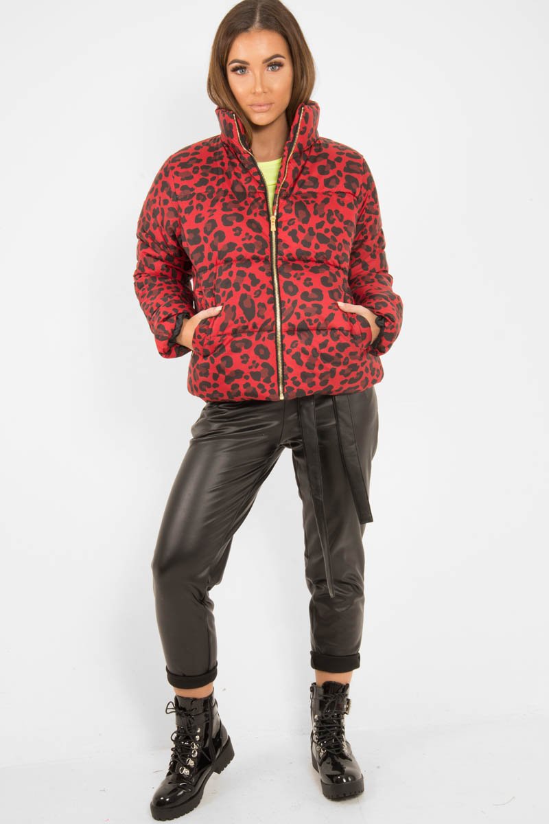 Red Leopard Print Puffer Coat - Shona-Coats