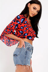 Red Leopard Print Ruched Crop Top - Damira-Crop Tops