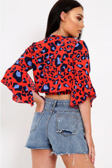 Red Leopard Print Ruched Crop Top - Damira-Crop Tops