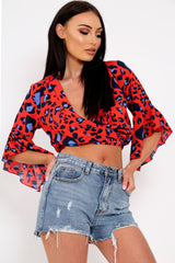 Red Leopard Print Ruched Crop Top - Damira-Crop Tops