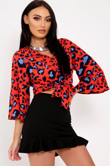Red Leopard Print Tie Front Shirt - Ikran-Tops