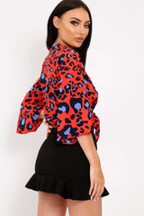 Red Leopard Print Tie Front Shirt - Ikran-Tops