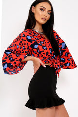 Red Leopard Print Tie Front Shirt - Ikran-Tops