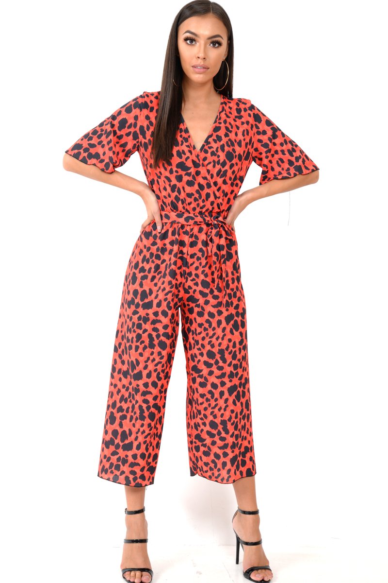 Red Leopard Print Wrap Culotte Jumpsuit -Juni-Jumpsuits