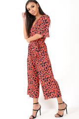 Red Leopard Print Wrap Culotte Jumpsuit -Juni-Jumpsuits