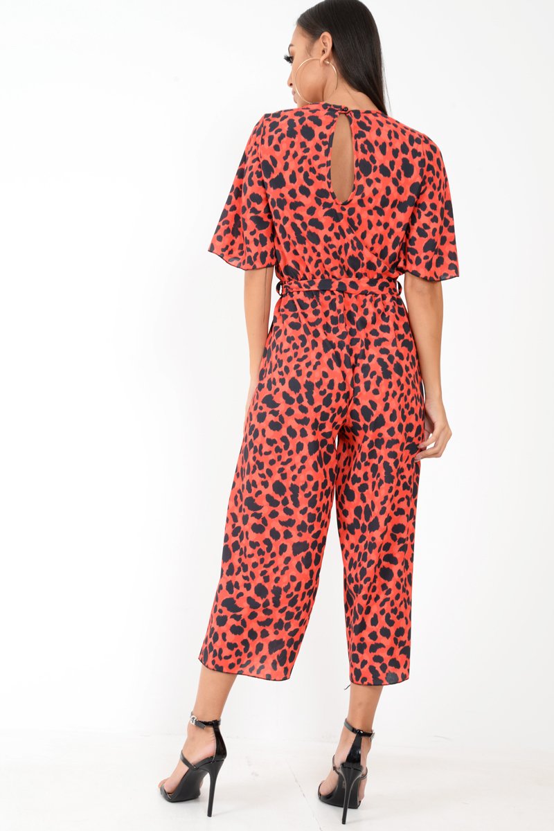 Red Leopard Print Wrap Culotte Jumpsuit -Juni-Jumpsuits