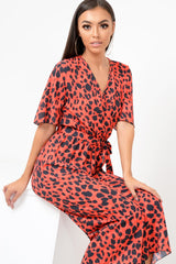 Red Leopard Print Wrap Culotte Jumpsuit -Juni-Jumpsuits