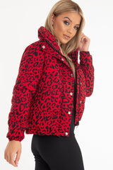 Red Leopard Print Zip Front Puffer Coat - Lidya-Coats