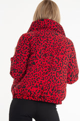 Red Leopard Print Zip Front Puffer Coat - Lidya-Coats