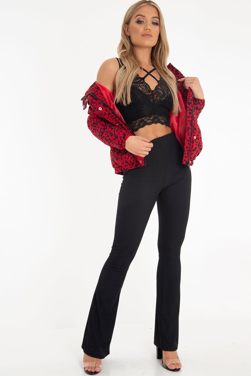 Red Leopard Print Zip Front Puffer Coat - Lidya-Coats