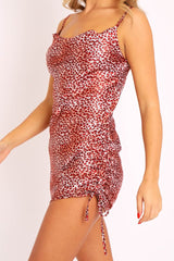 Red Leopard Satin Ruched Side Slip Bodycon Dress - Davie-Dresses