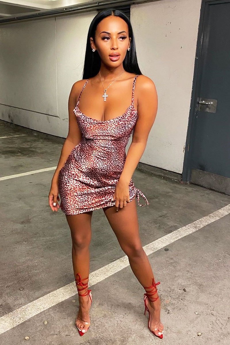 Red Leopard Satin Ruched Side Slip Bodycon Dress - Davie-Dresses