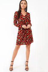 Red Leopard Wrap Belted Dress - Keniah-Dresses