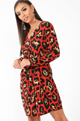 Red Leopard Wrap Belted Dress - Keniah-Dresses